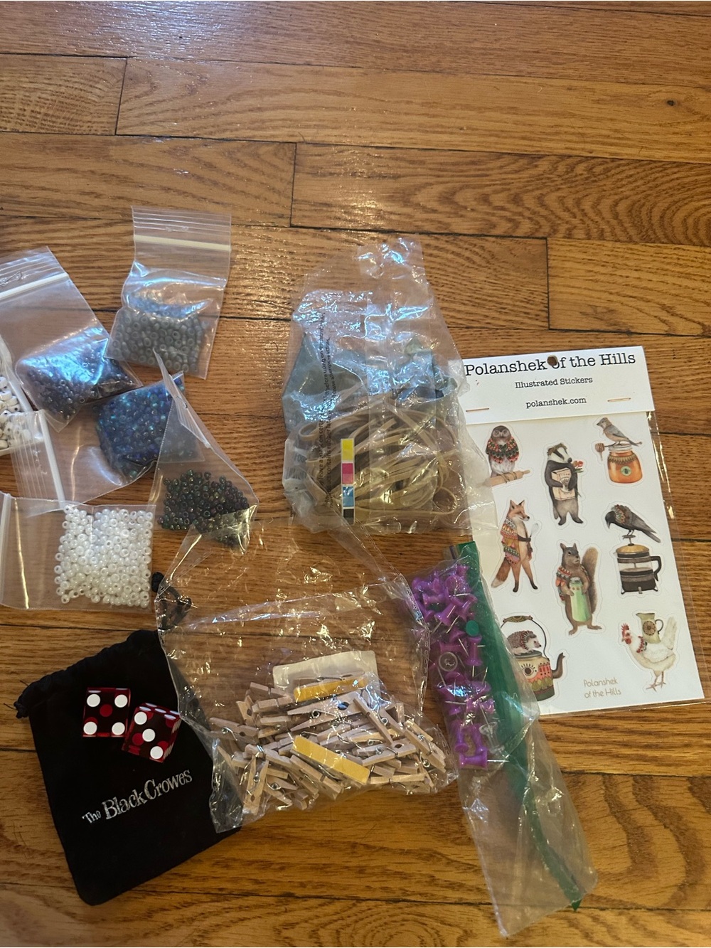 Craft Set. Friendship bracelet beads, stickers, mini clothes pins, and more.